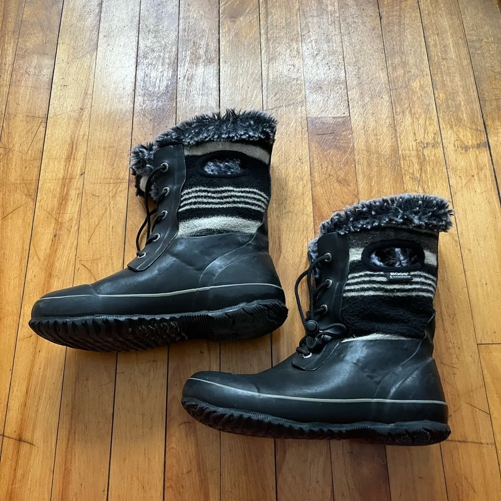 Bogs Arcata Stripe Black Waterproof Wool-Blend‎ Winter Boots Big Kids 5